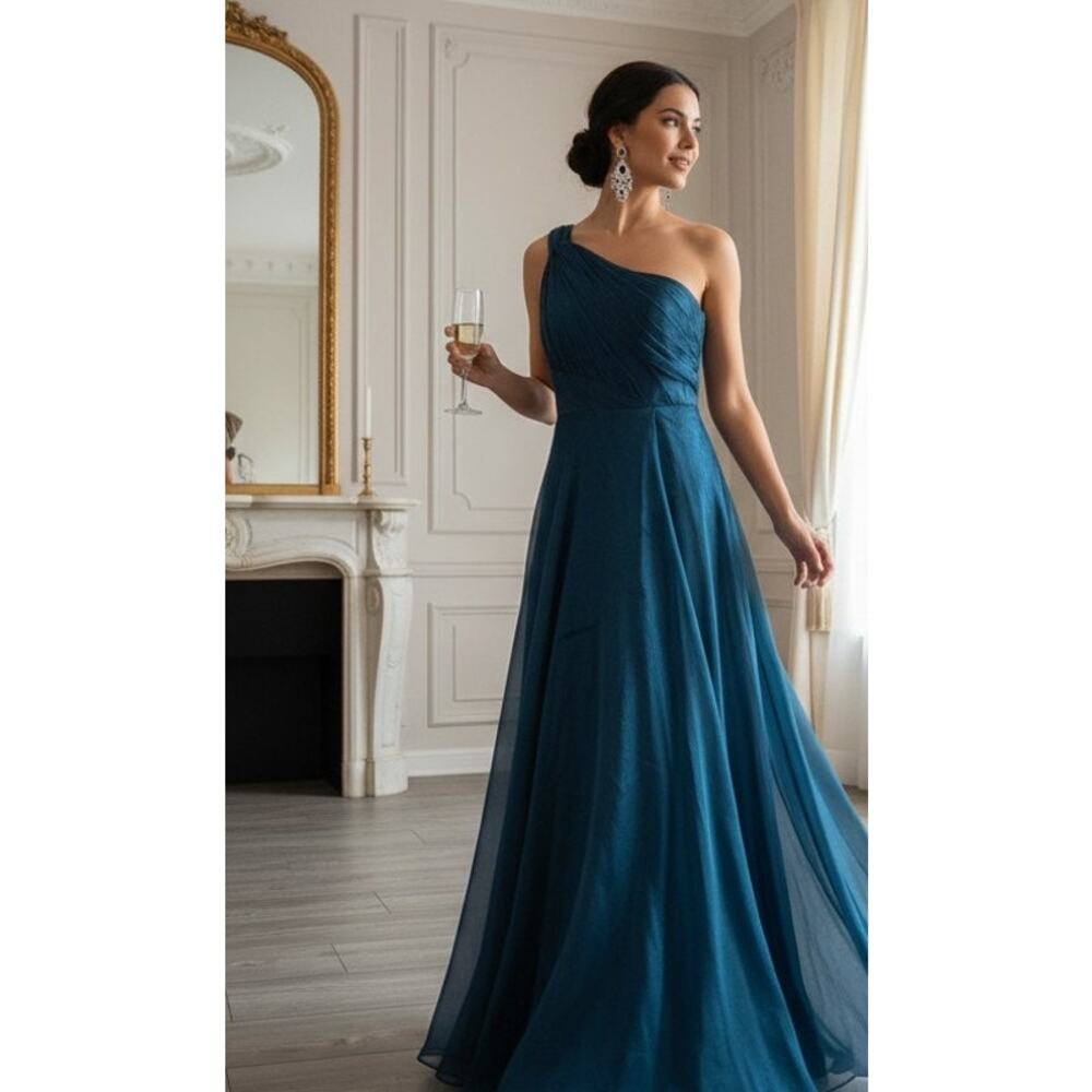 Xscape One-Shoulder Teal Maxi Dress